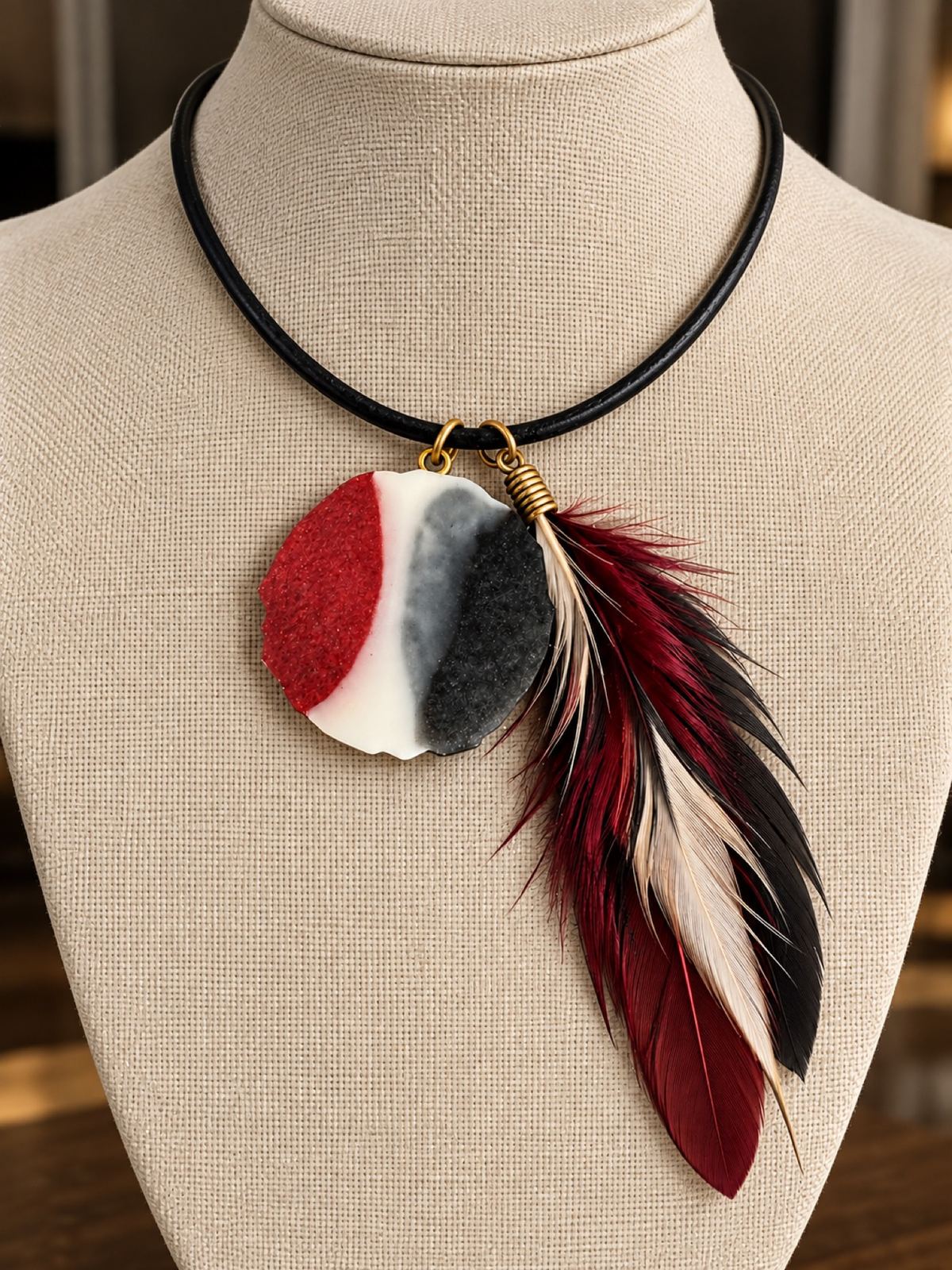 A handmade pendant displayed on wood and linen