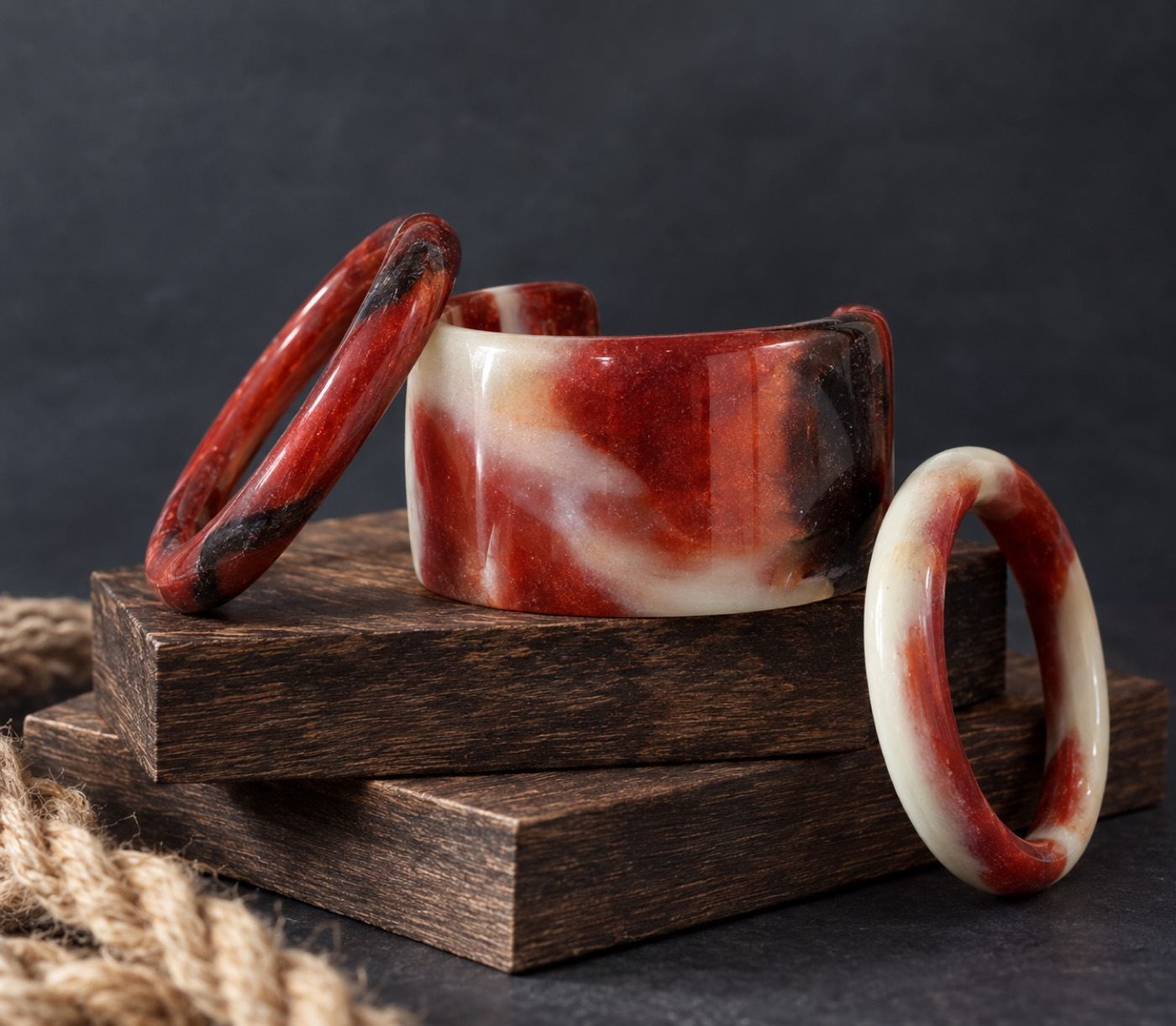Three resin bangles in swirled cream, red, and black, displayed on stacked wood
